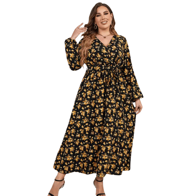 Plus Size Floral Wrap Yellow and Black  Dress with Long Sleeves and V-Neck