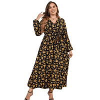 Thumbnail for Plus Size Floral Wrap Yellow and Black  Dress with Long Sleeves and V-Neck