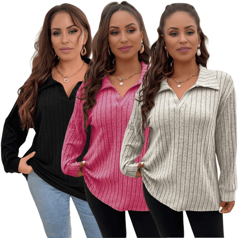 Chic Plus Size Ribbed Johnny Collar Long Sleeve Top