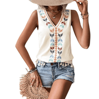 Thumbnail for cream Boho Chic Printed V-Neck Tank Top with Tassels