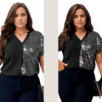 Thumbnail for Sliver Sparkling Plus Size Sequin Black Blouse with Notched Short Sleeves