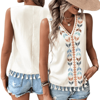 Thumbnail for Cream Boho Chic Printed V-Neck Tank Top with Tassels
