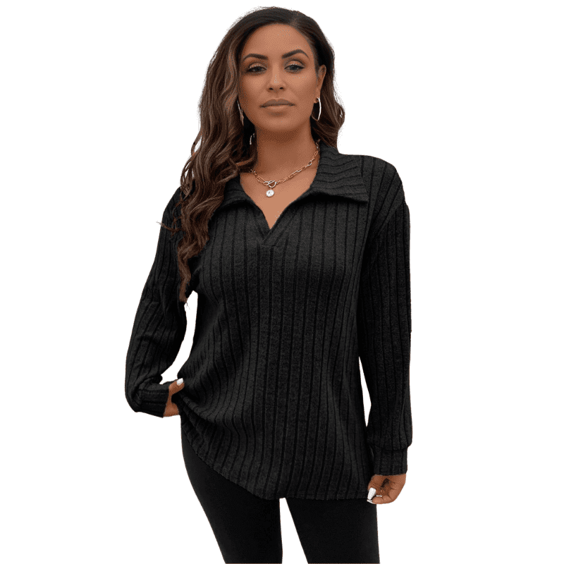 Black Chic Plus Size Ribbed Johnny Collar Long Sleeve Top