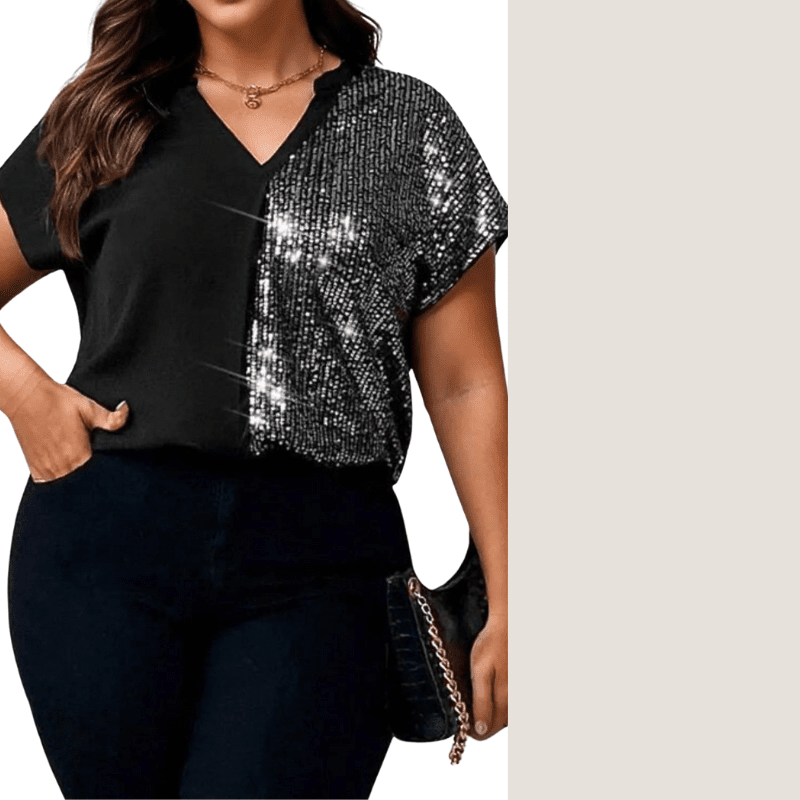 Sliver Sparkling Plus Size Sequin Black Blouse with Notched Short Sleeves