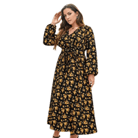 Thumbnail for Plus Size Floral Wrap Yellow and Black Dress with Long Sleeves and V-Neck