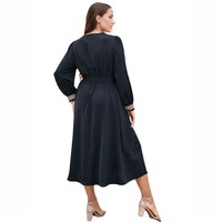 Thumbnail for Stylish Plus Size Midi Dark Blue Dress: V-Neck & Tie Waist