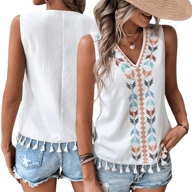 White Boho Chic Printed V-Neck Tank Top with Tassels