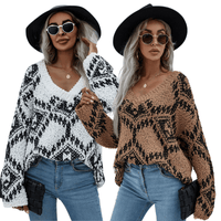 Thumbnail for Chunky Geometric Knit Sweater with Trendy Distressed Detail
