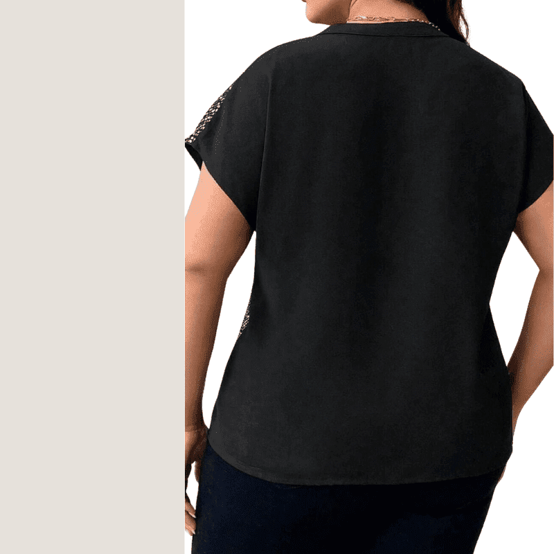 Sliver Sparkling Plus Size Sequin Black Blouse with Notched Short Sleeves