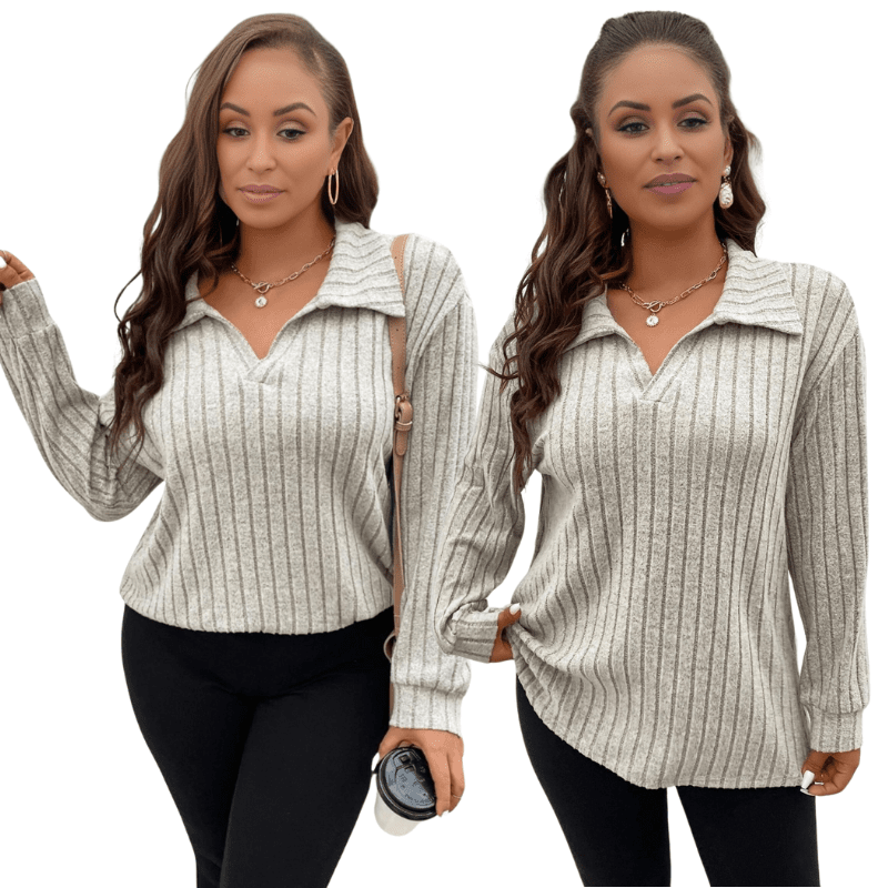 Khaki Chic Plus Size Ribbed Johnny Collar Long Sleeve Top