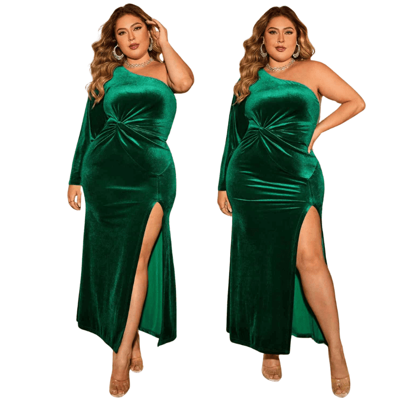 Plus Size One-Shoulder Twisted Split Green Dress