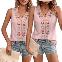 Thumbnail for Pink Boho Chic Printed V-Neck Tank Top with Tassels