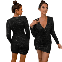 Thumbnail for Black Sparkly V-Neck Sequin Mini Dress w Long Sleeves