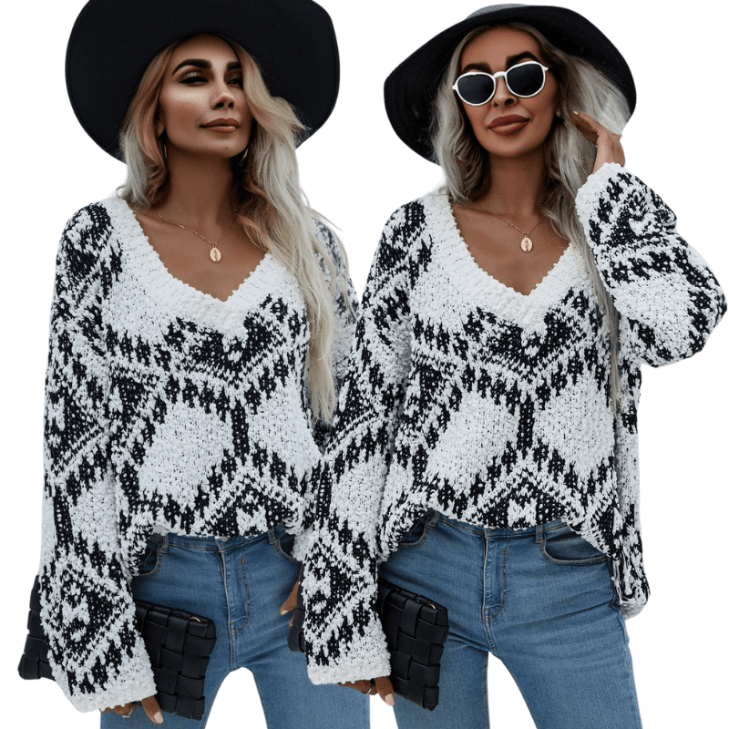 Chunky Geometric Knit Sweater with Trendy Distressed Detail