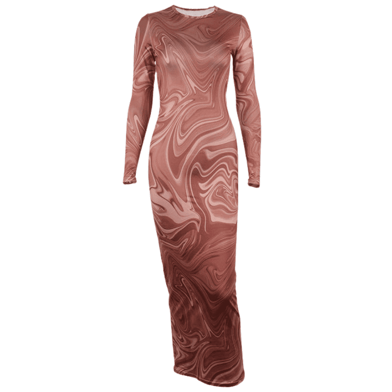 Brown Trendy Swirl Print Bodycon Dress with Round Neck