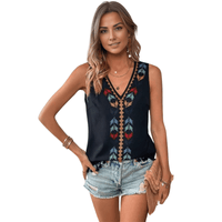 Thumbnail for Black Boho Chic Printed V-Neck Tank Top with Tassels