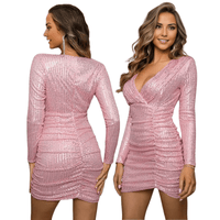 Thumbnail for Pink Sparkly V-Neck Sequin Mini Dress w Long Sleeves