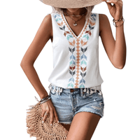 Thumbnail for White Boho Chic Printed V-Neck Tank Top with Tassels