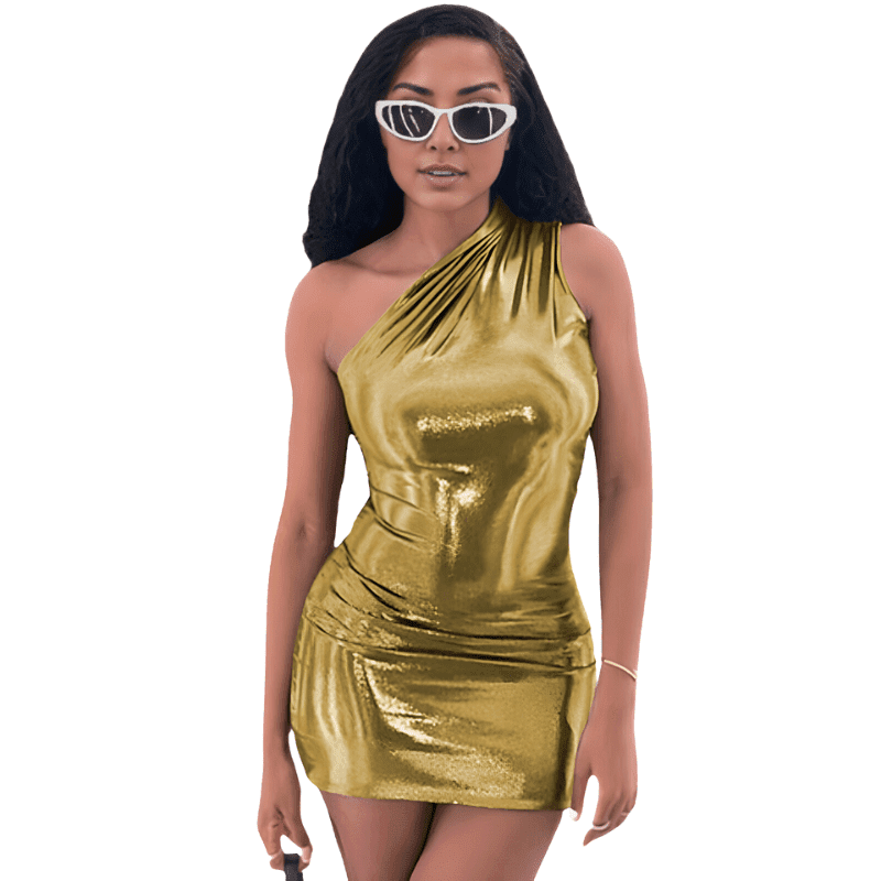 Gold Glam One-Shoulder Bodycon Mini Clubbing Dress