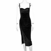 Thumbnail for Black Luxe Velvet Midi Bodycon Club Dress