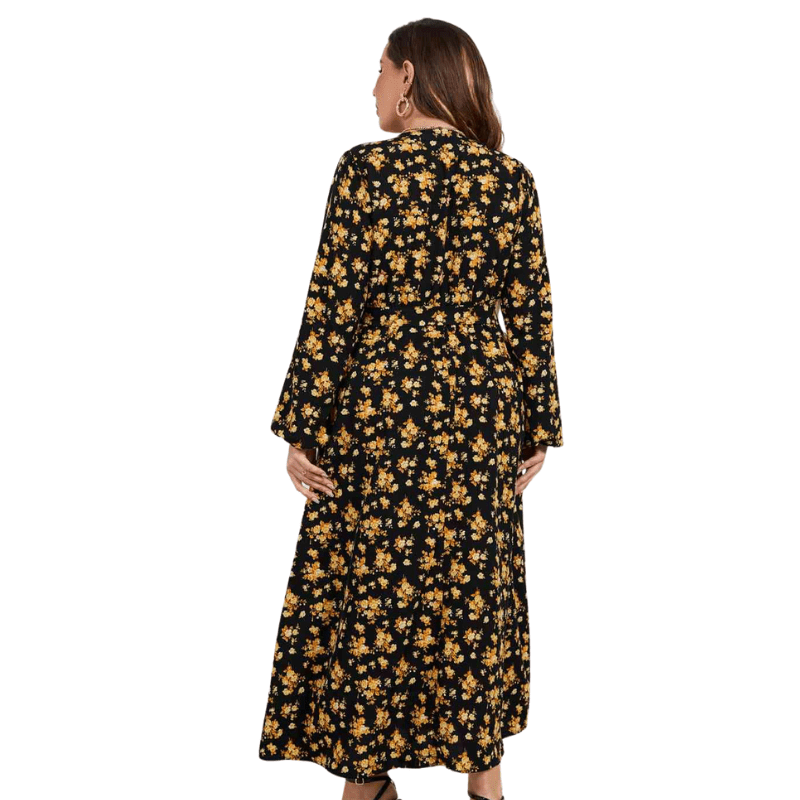 Plus Size Floral Wrap Yellow and Black Dress with Long Sleeves and V-Neck
