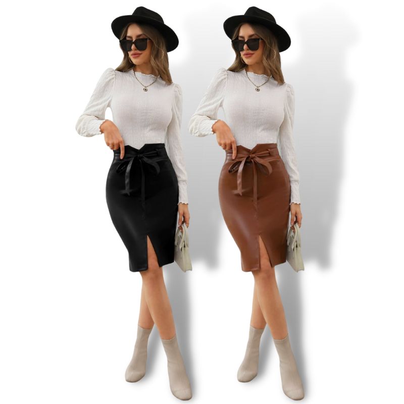 Asymmetrical Waistline Belted PU Leather Skirt Sensationally Fabulous