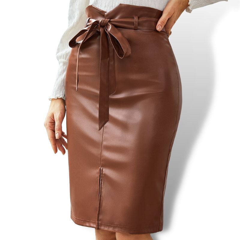 Brown Asymmetrical Waistline Belted PU Leather Skirt Sensationally Fabulous