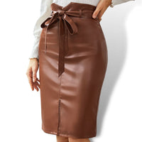 Thumbnail for Brown Asymmetrical Waistline Belted PU Leather Skirt Sensationally Fabulous