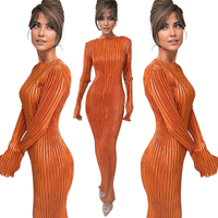 Thumbnail for Orange Chic Pleated Long Sleeve Bodycon Maxi Dress with O-Neck