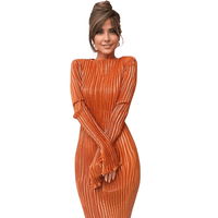 Thumbnail for Orange Chic Pleated Long Sleeve Bodycon Maxi Dress with O-Neck