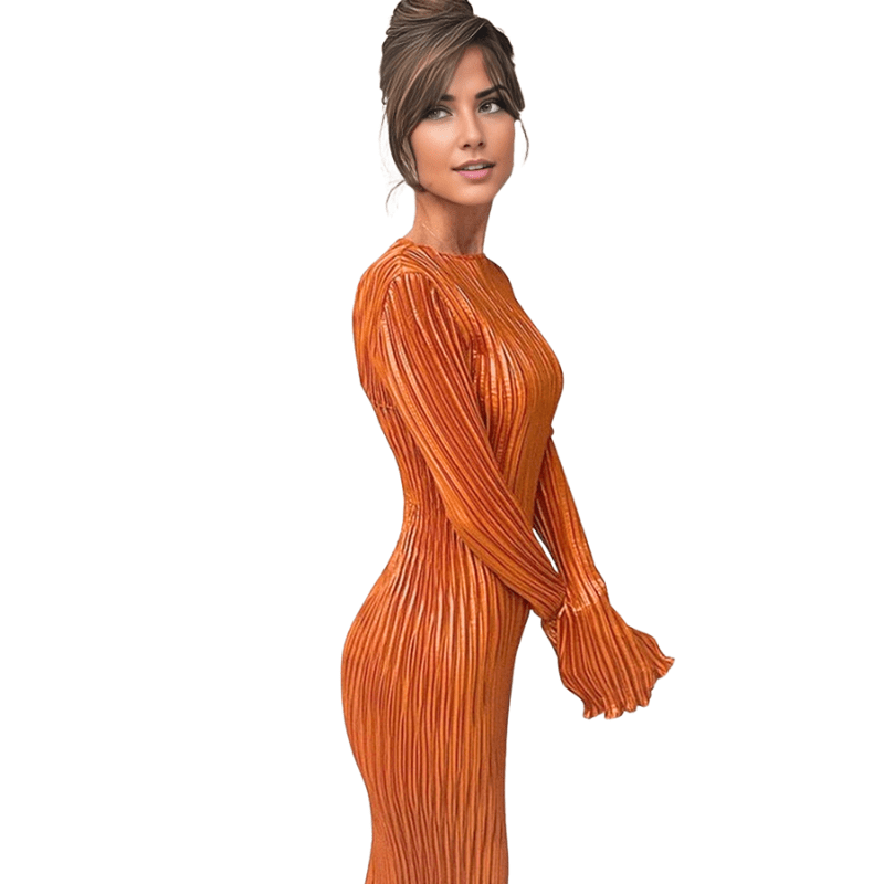 Orange Chic Pleated Long Sleeve Bodycon Maxi Dress with O-Neck
