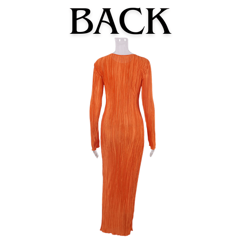 Orange Chic Pleated Long Sleeve Bodycon Maxi Dress with O-Neck