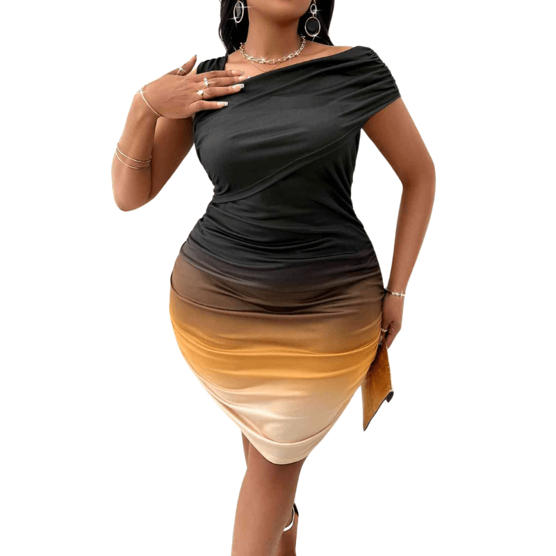 Black and gold printed Plus Size Bodycon Dress with Unique Asymmetrical Neckline