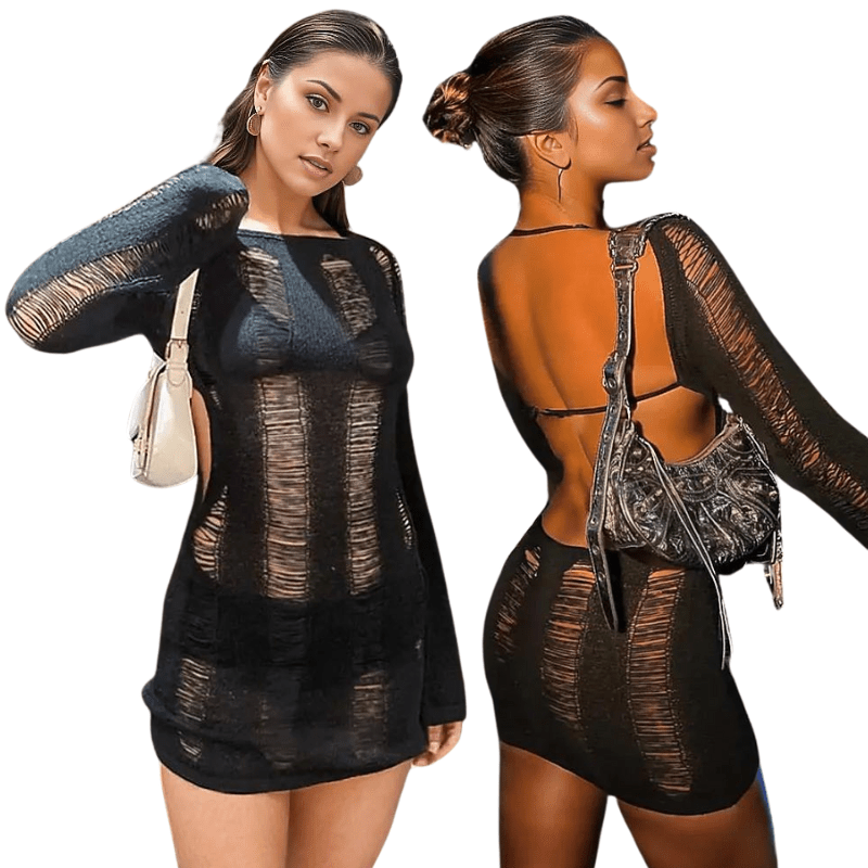 See-Through O-neck Long Sleeve Knitted Black Dress