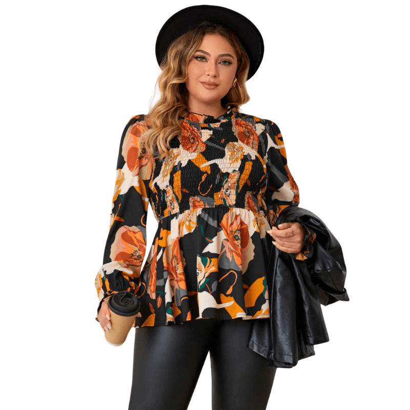 Floral Plus Size Babydoll Top with Elastic Long Sleeves