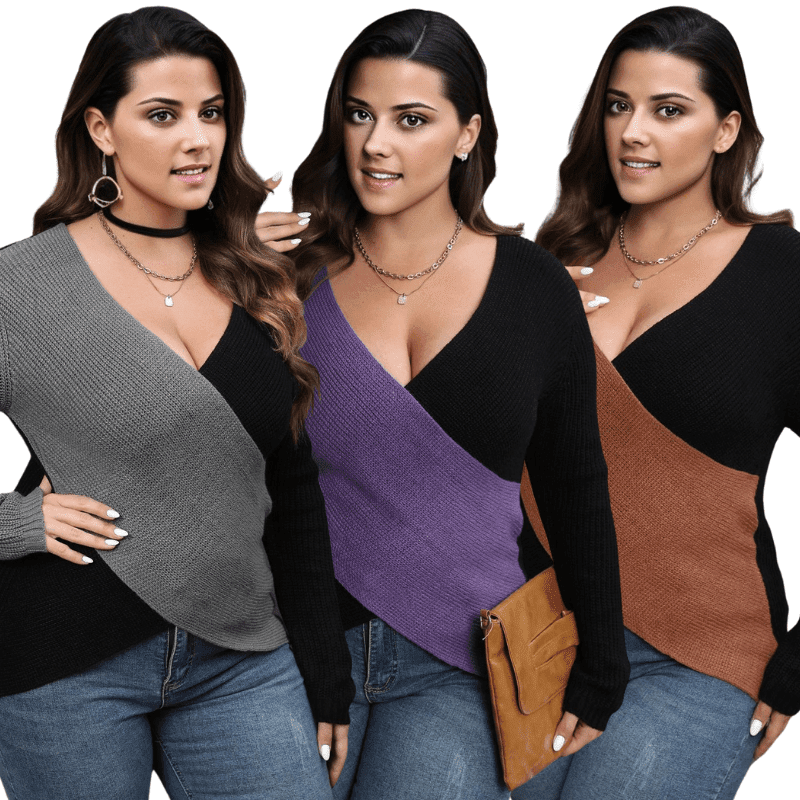 Chic Plus Size Surplice Neck Sweater in Two-Tone Design