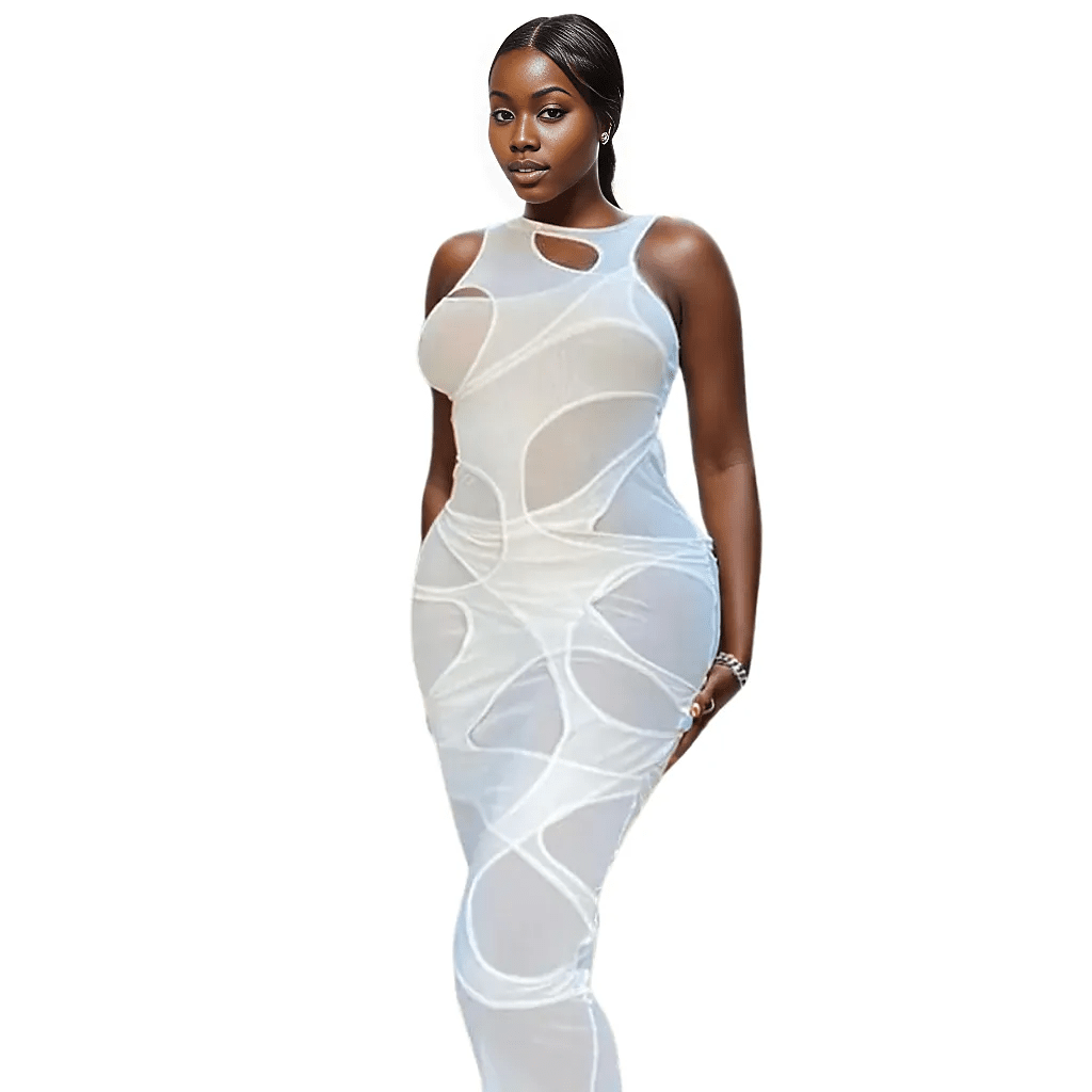 Sleeveless O-Neck Mesh Maxi White Dress