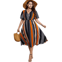 Thumbnail for Striped Fit & Flare Short Sleeve Midi Dress