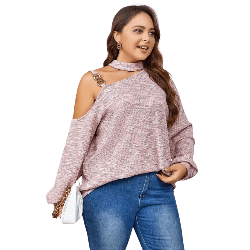 Plus Size Pink Top with Trendy Cutout Shoulders & Mock Neck