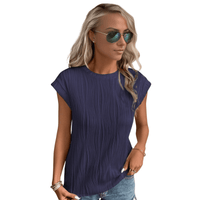 Thumbnail for Blue Stylish Textured Cap Sleeve Round Neck Top