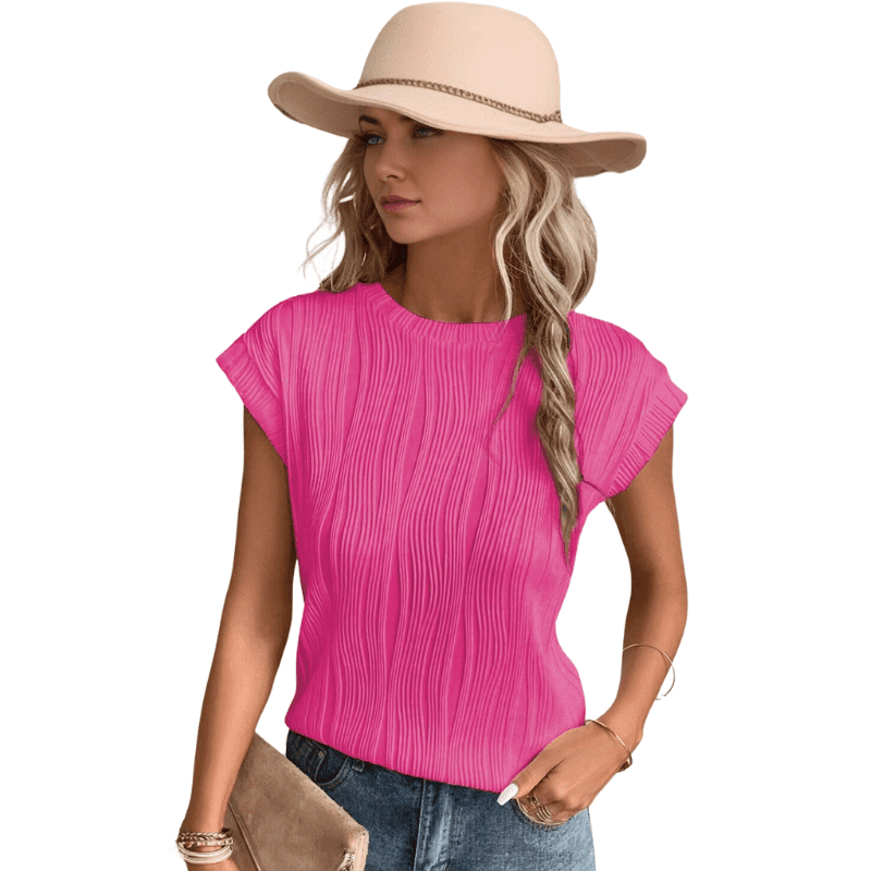 Pink Stylish Textured Cap Sleeve Round Neck Top
