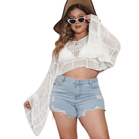 Thumbnail for White Chic Plus Size Boat Neck Top with Flare Sleeves & Openwork Detail
