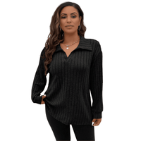 Thumbnail for Black Chic Plus Size Ribbed Johnny Collar Long Sleeve Top