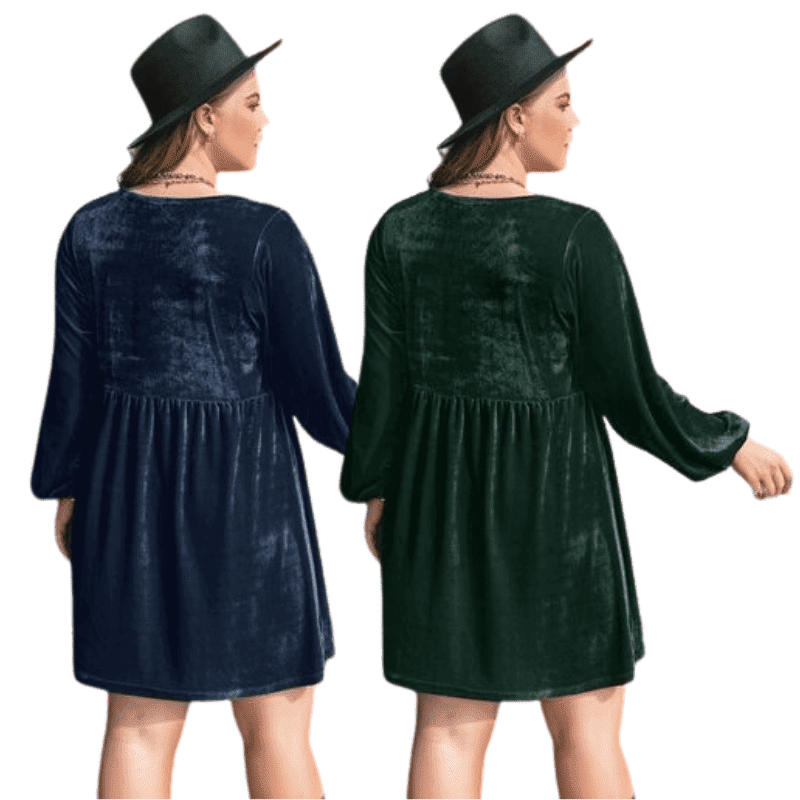 Plus Size Lace Detail V-Neck Bell Sleeve Mini  blue Dress