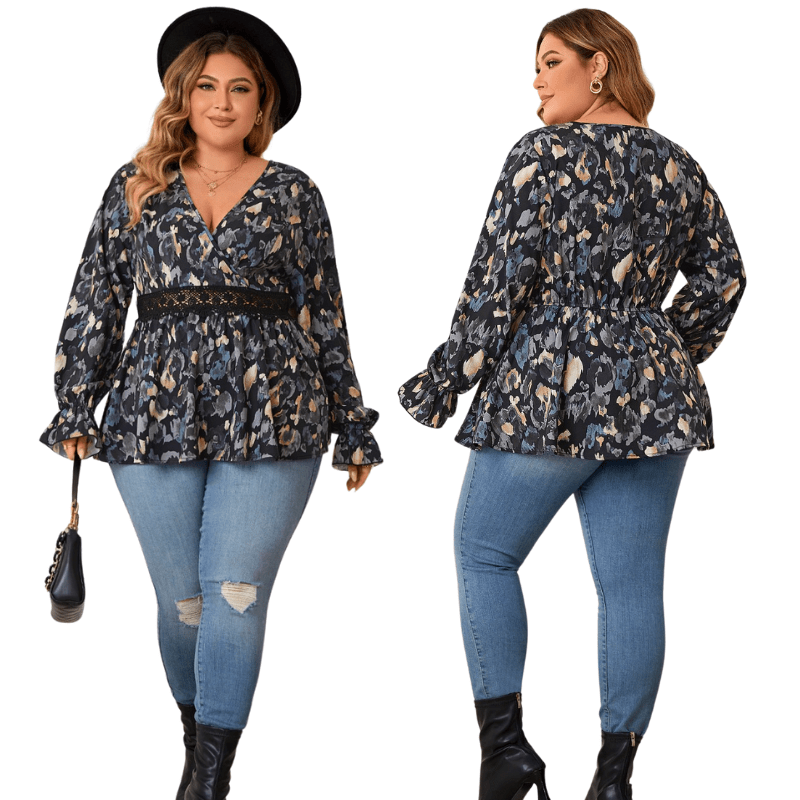 Chic Plus Size V-Neck Top with Fit & Flare Flounce Sleeves Top