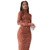 Thumbnail for Brown Trendy Swirl Print Bodycon Dress with Round Neck