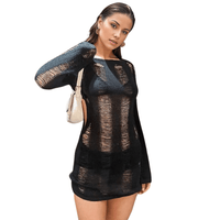 Thumbnail for See-Through O-neck Long Sleeve Knitted Black Dress