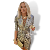 Thumbnail for Gold  V-Neck Shiny Pleated Club Dress Sensationally Fabulous