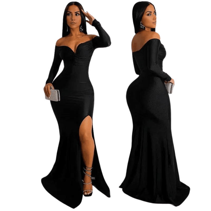 Black Elegant Off Shoulder Ruched Maxi Dress with Slit