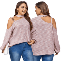 Thumbnail for Plus Size Pink Top with Trendy Cutout Shoulders & Mock Neck